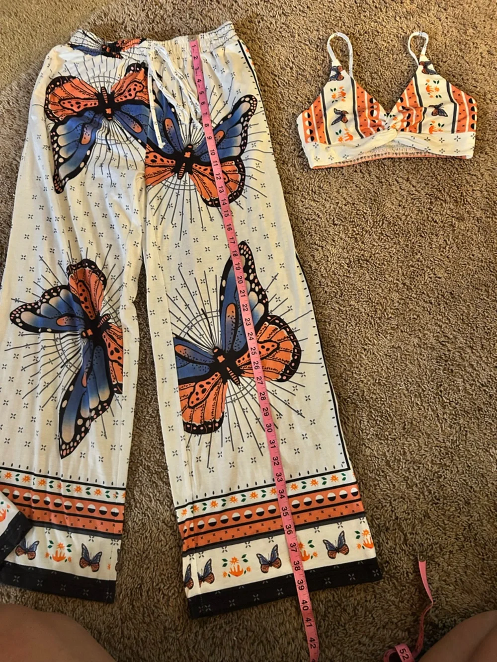 2-pc Butterfly-Print Wide-Leg Top and Pants — White with Orange & Blue - Picture 12 of 16